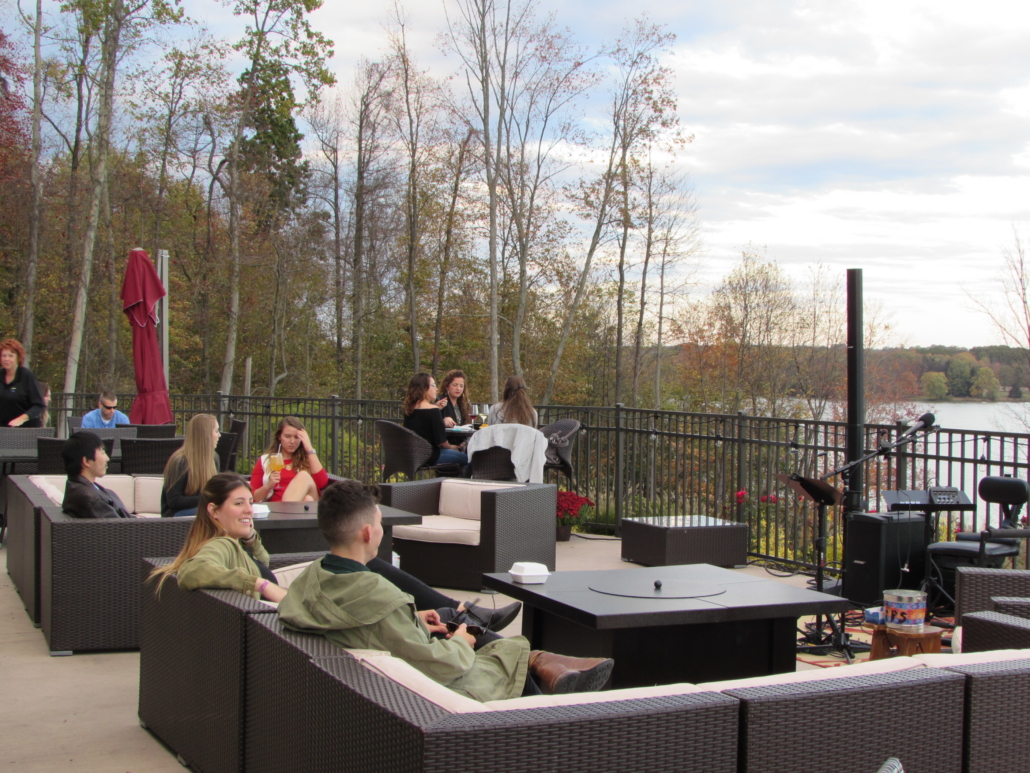 Outdoor patio at The Vineyards at Pine Lake in the fall.