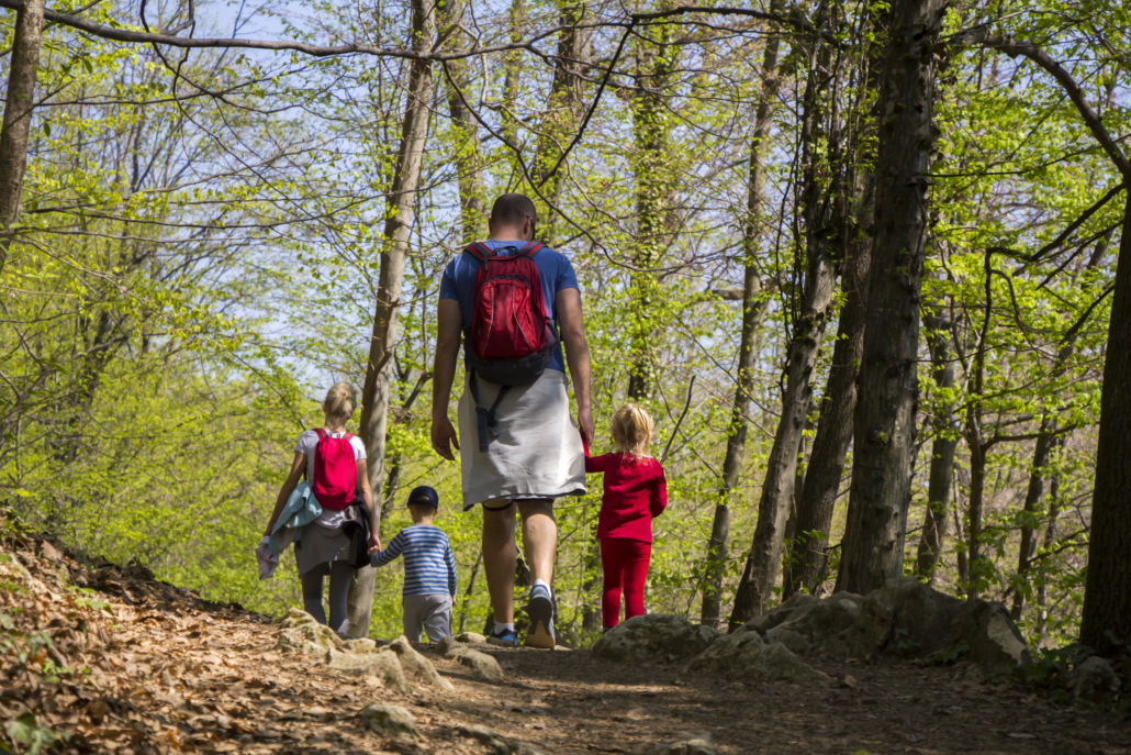 People hiking on Poland Municipal Forest trails.