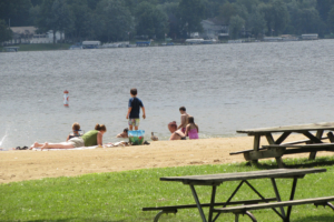 Beach and picnic area in Lake Milton State Park.